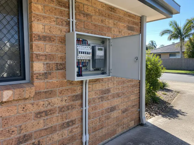 External switchboard on a brick house wall beside a window and driveway in Pimpama